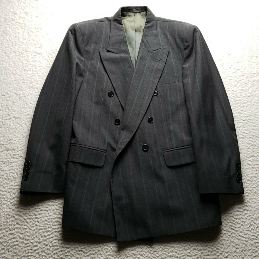 Towncraft Suit Jacket Mens 40S Gray Pinstripe Poly Wool Blend Double Breasted